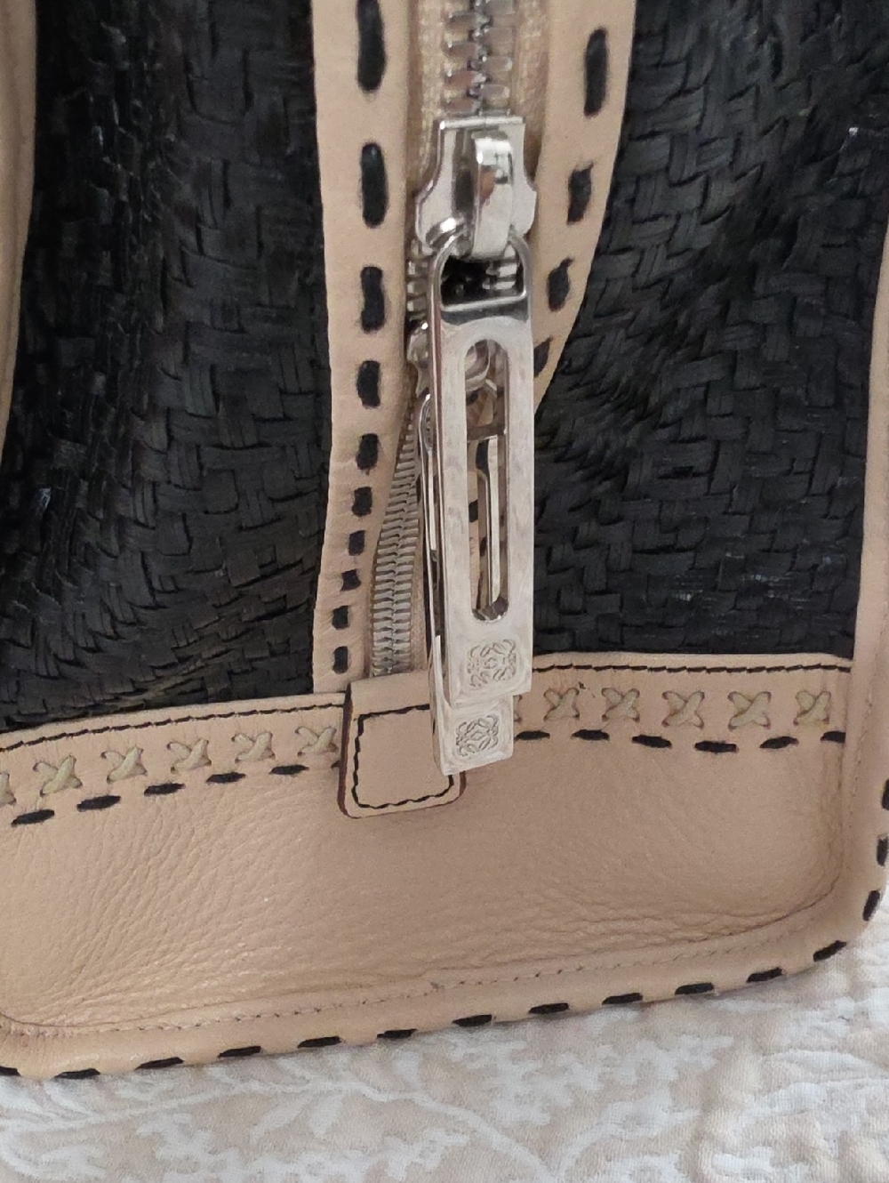 Leather-Trim Woven Satchel Bag - Black & Beige - Picture 4 of 16